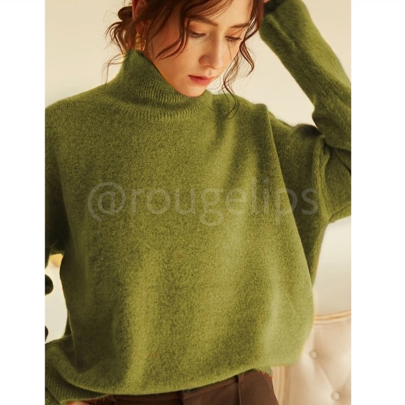Olive Green Knit Turtleneck Pullover Sweater Long Sleeve Drop Shoulder - Picture 3 of 17